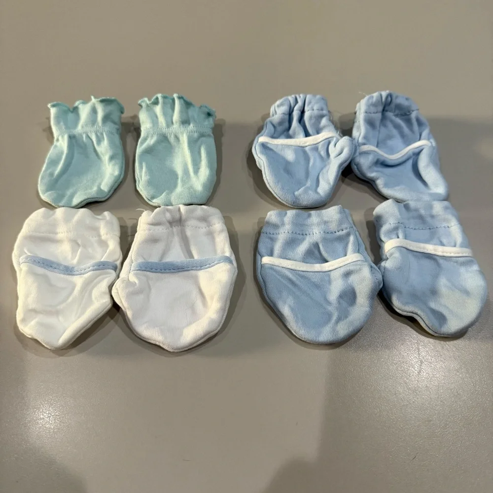 Set of 4 Baby Mittens in Blue and White.  Newborn